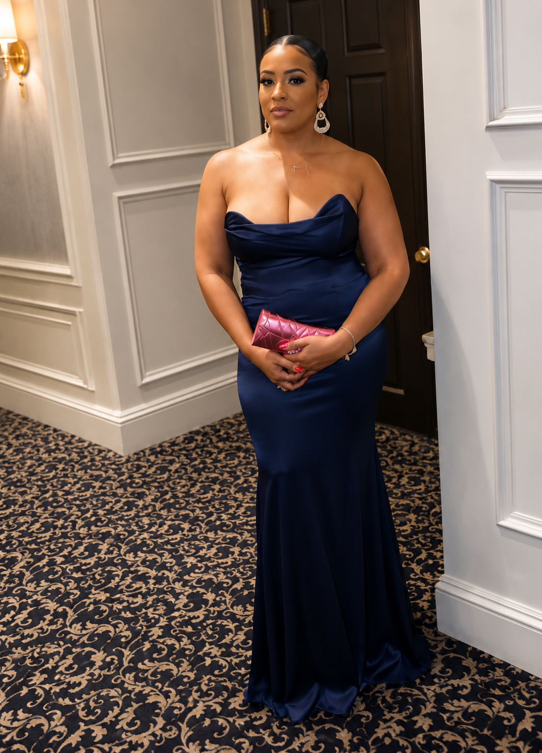 Navy satin evening gown with draped neckline