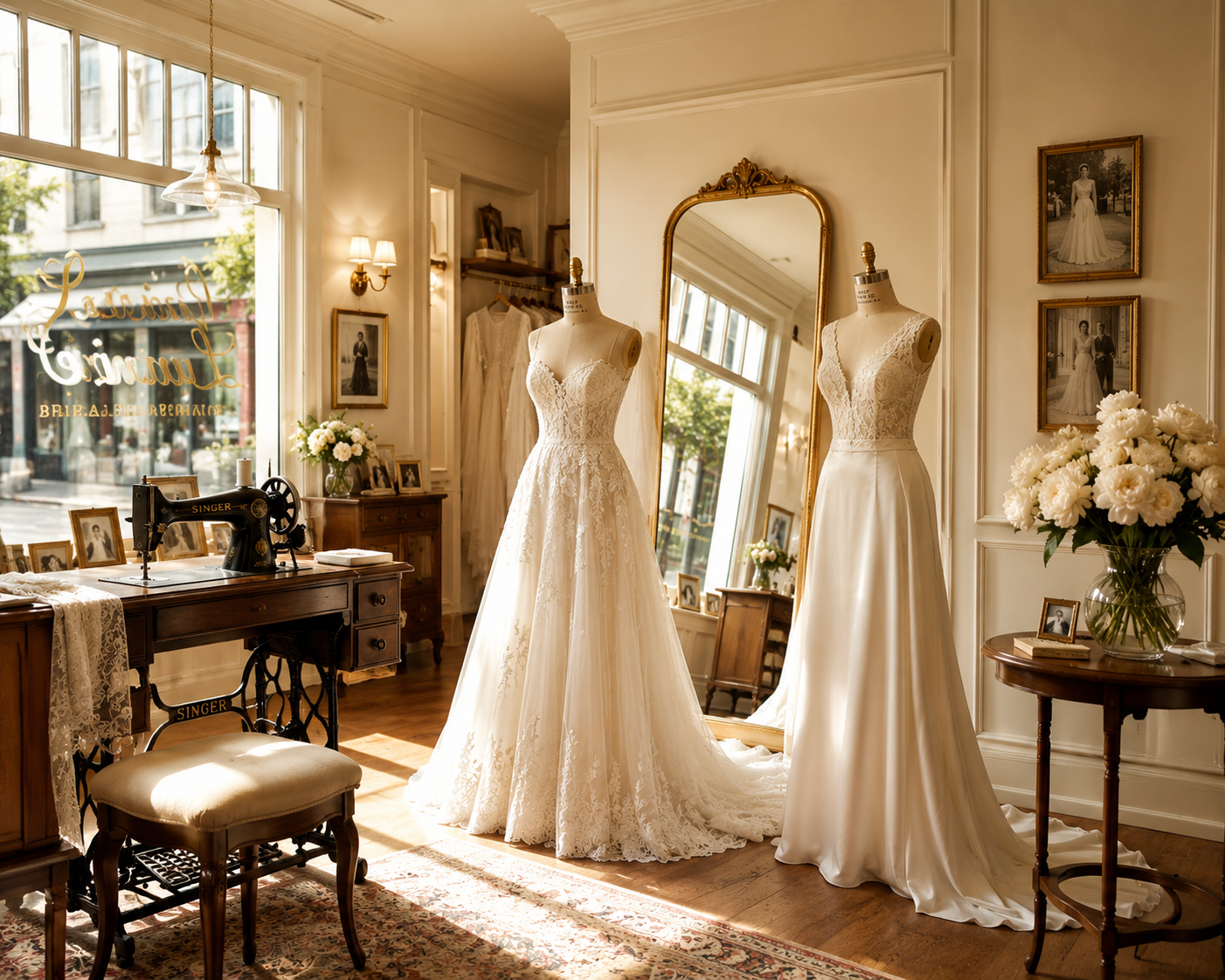 Interior of the Nedybel atelier with dress forms and sewing machines