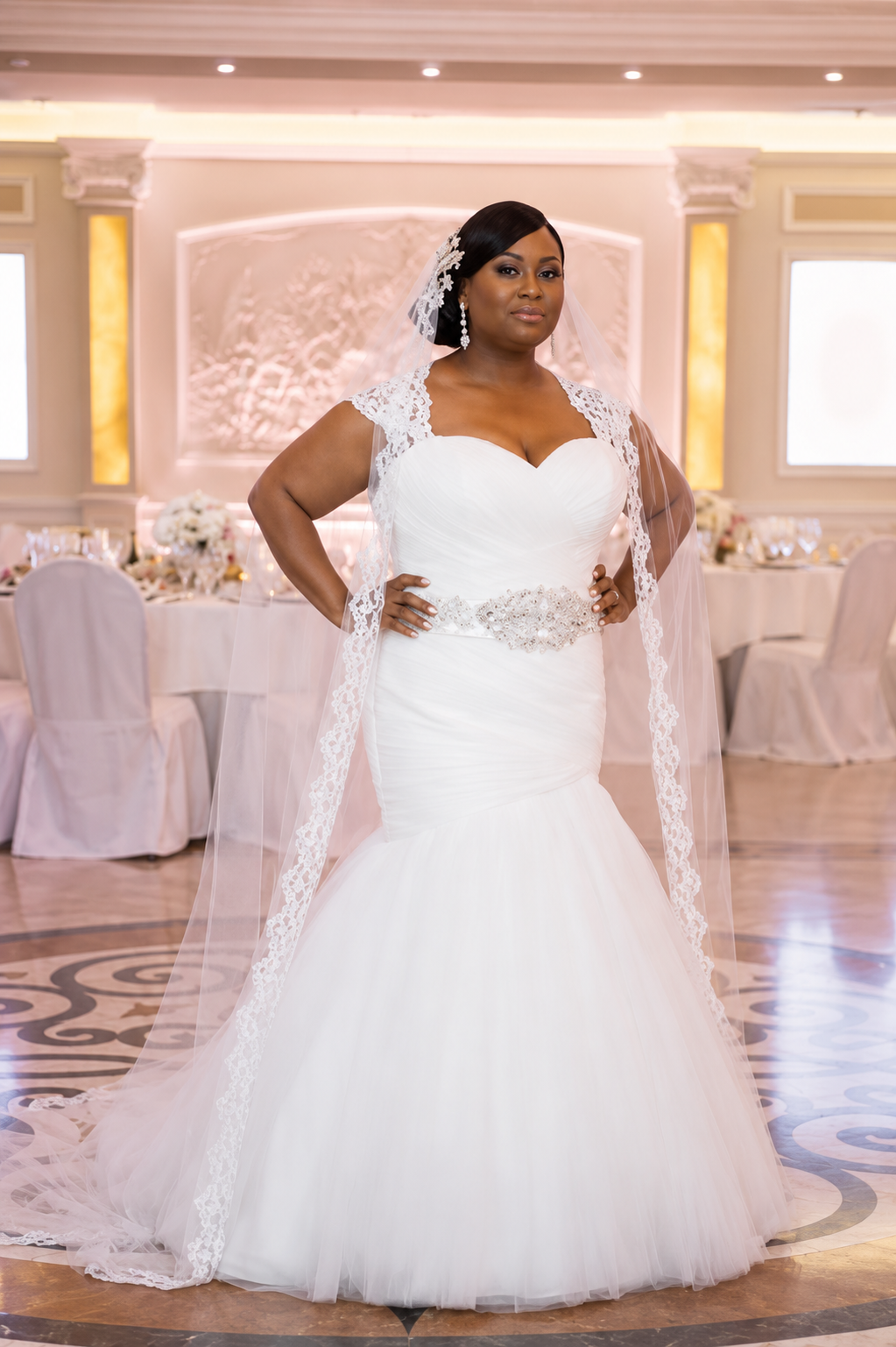 Sweetheart mermaid gown with cathedral lace veil