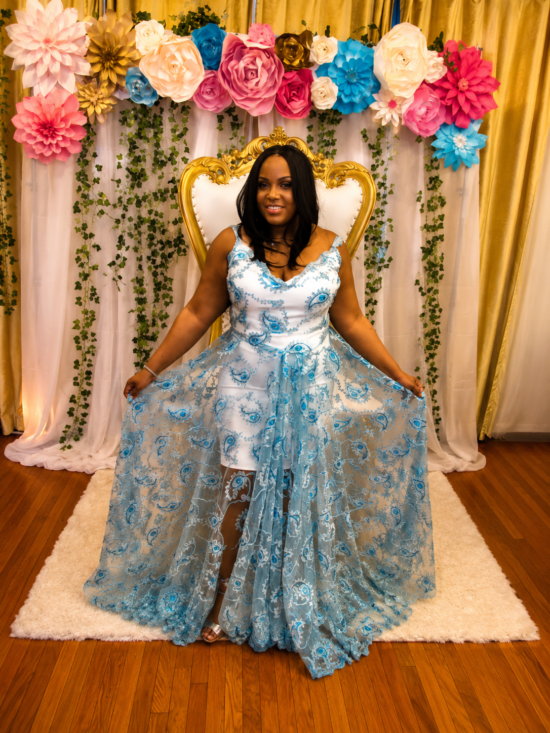 Blue paisley evening gown tailored for a formal event