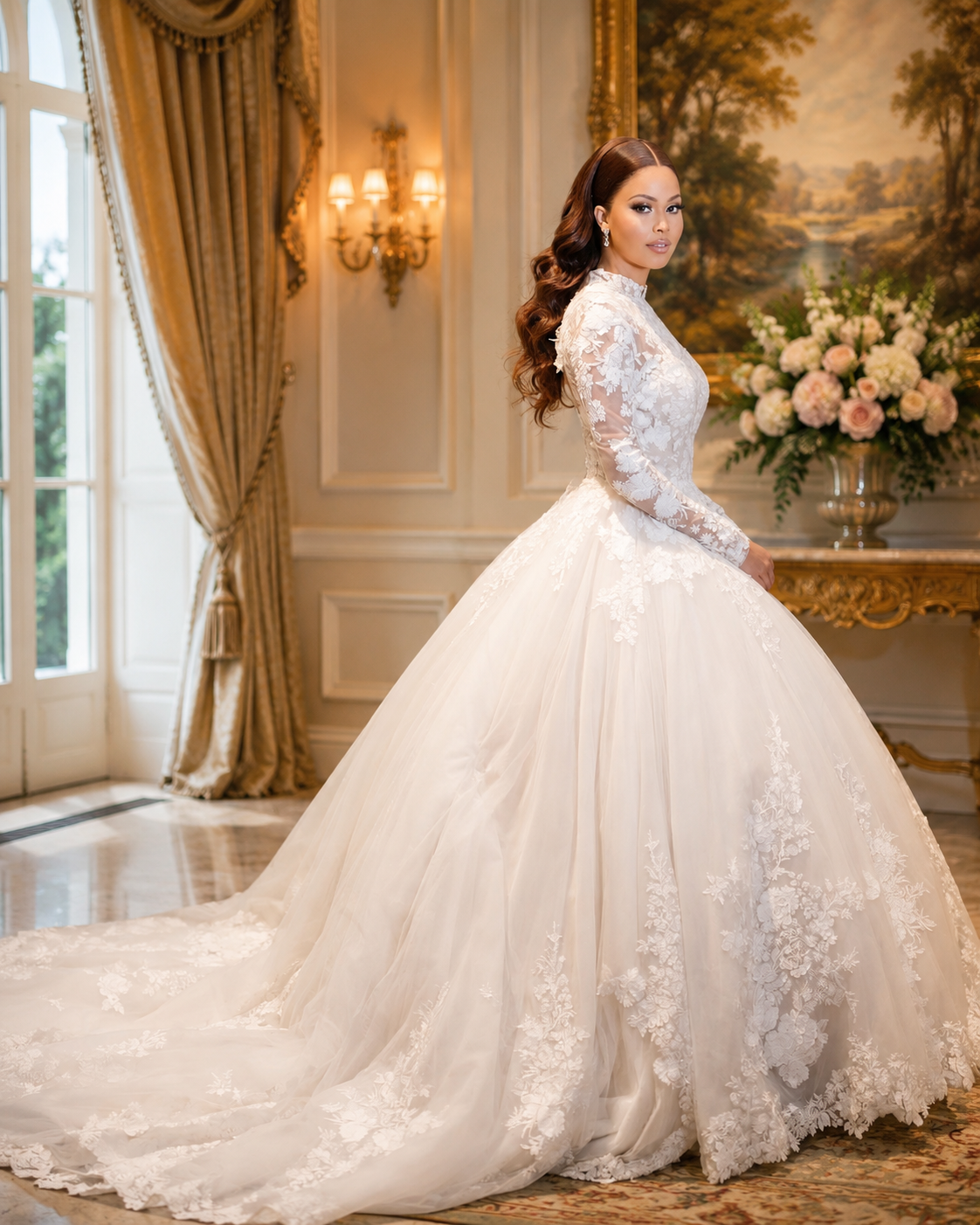 Bride in a lace ballgown fitted at the Nedybel atelier