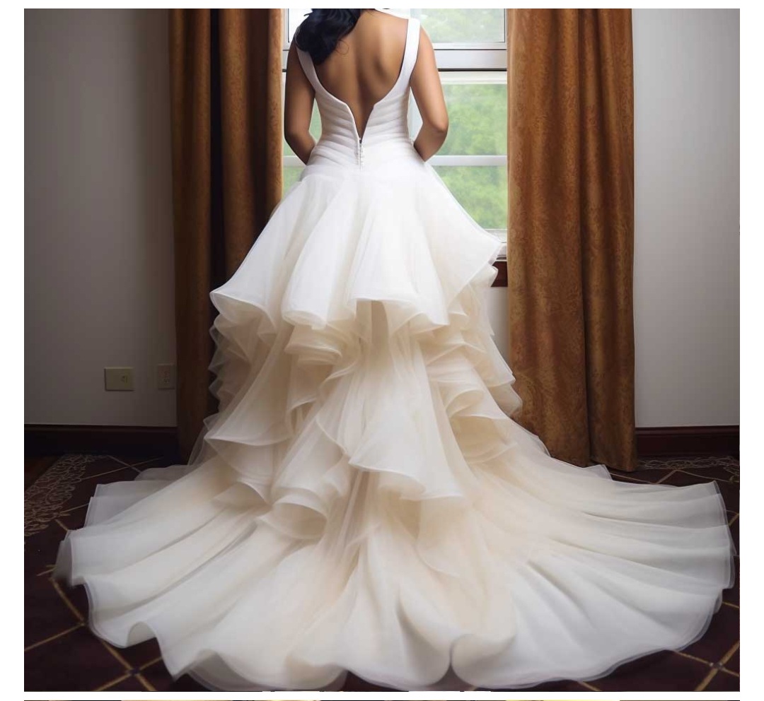 Open-back wedding gown with tiered ruffle skirt