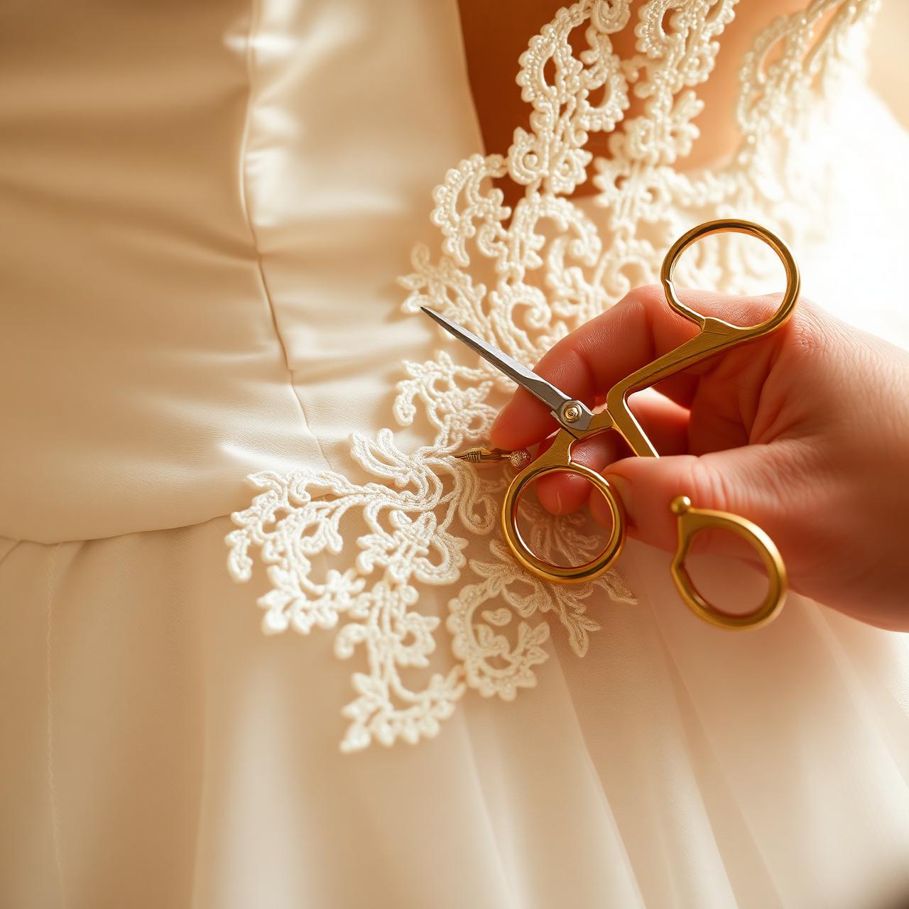 Hands sewing delicate lace and beadwork on a bridal gown